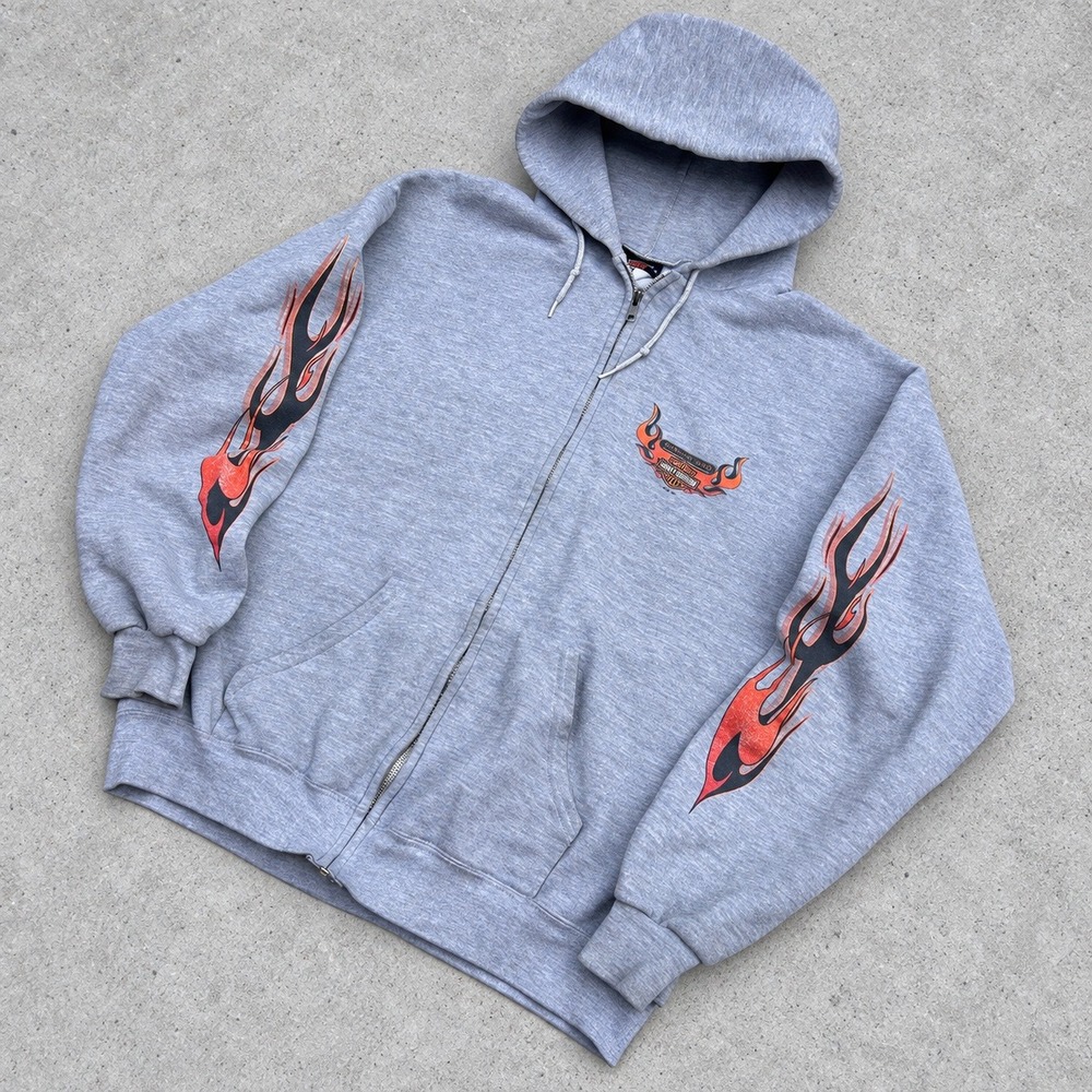Harley Davidson Hoodie Vintage 2002 Flame Sleeve Zip Up Gray XL Streetwear 90s